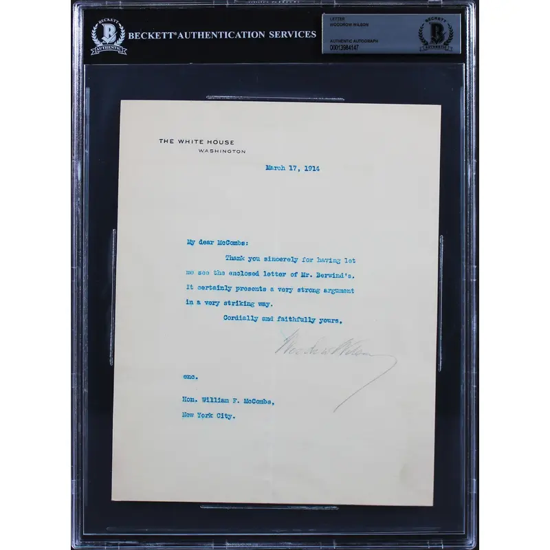Woodrow Wilson Signed 7x8.75  1914 Letter On White House Letterhead BAS Slab 2