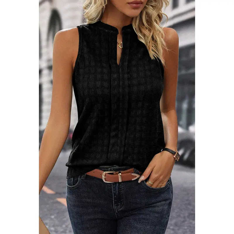 Black Lattice Textured Split Neck Tank Top