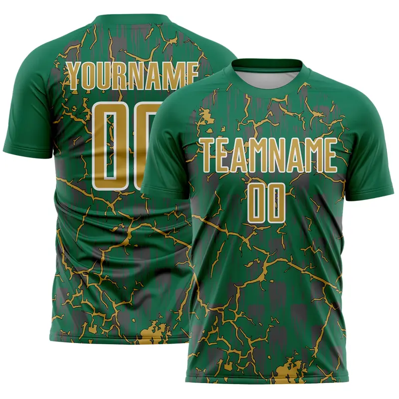 Custom Kelly Green Old Gold-White Lightning Sublimation Soccer Uniform Jersey