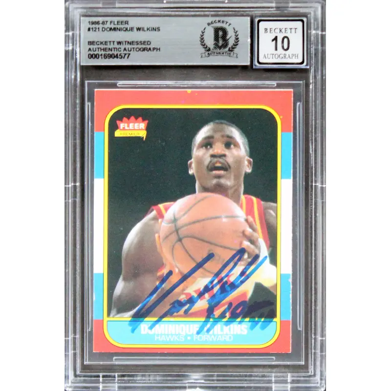Hawks Dominique Wilkins "HOF" Signed 1986 Fleer #121 RC Card Auto 10! BAS Slab 3