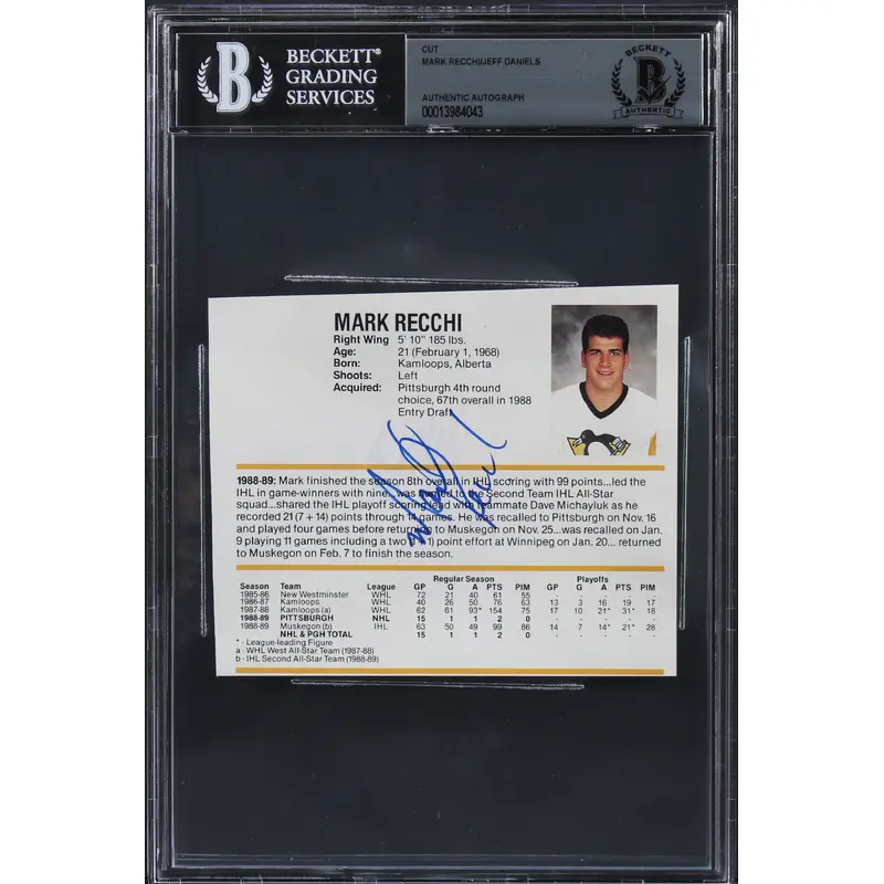 Penguins Mark Recchi & Jeff Daniels Authentic Signed 4.75x4 Cut Sig BAS Slabbed