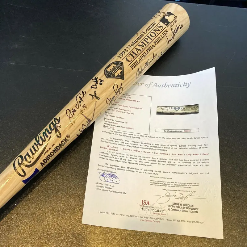 1993 Philadelphia Phillies National League Champs Team Signed Game Bat JSA COA