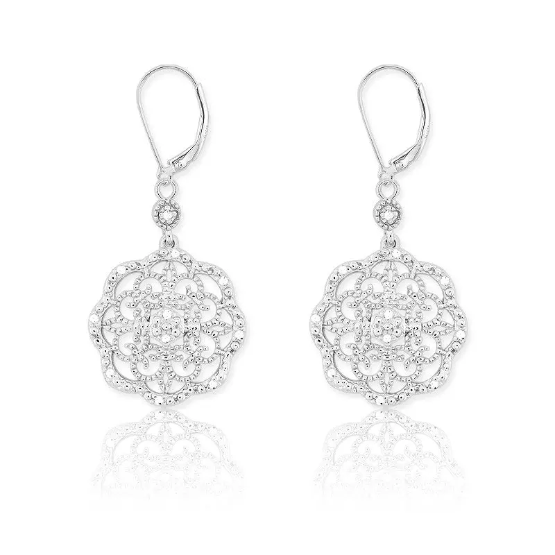 Sterling Silver Flower  Diamond Earrings