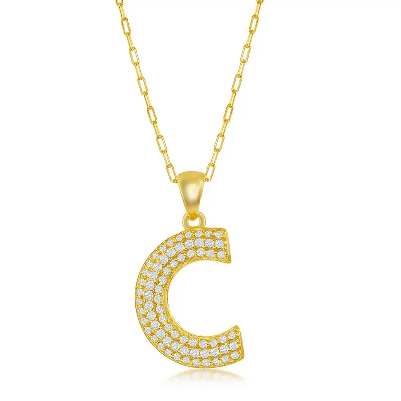 Sterling Silver Micro Pave CZ  'C'  Block Initial w/ Paperclip Chain - Gold Plated