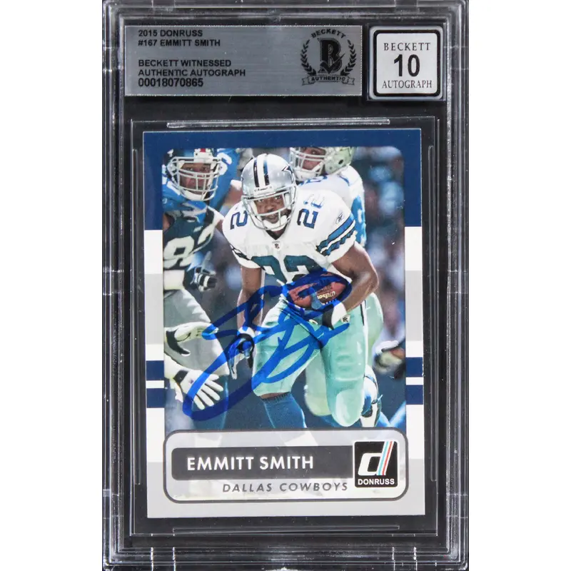 Cowboys Emmitt Smith Signed 2015 Donruss #167 Card Auto Graded 10! BAS Slabbed