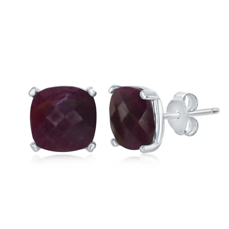Sterling Silver 'July Birthstone' Square GEM Stud Earrings - Ruby