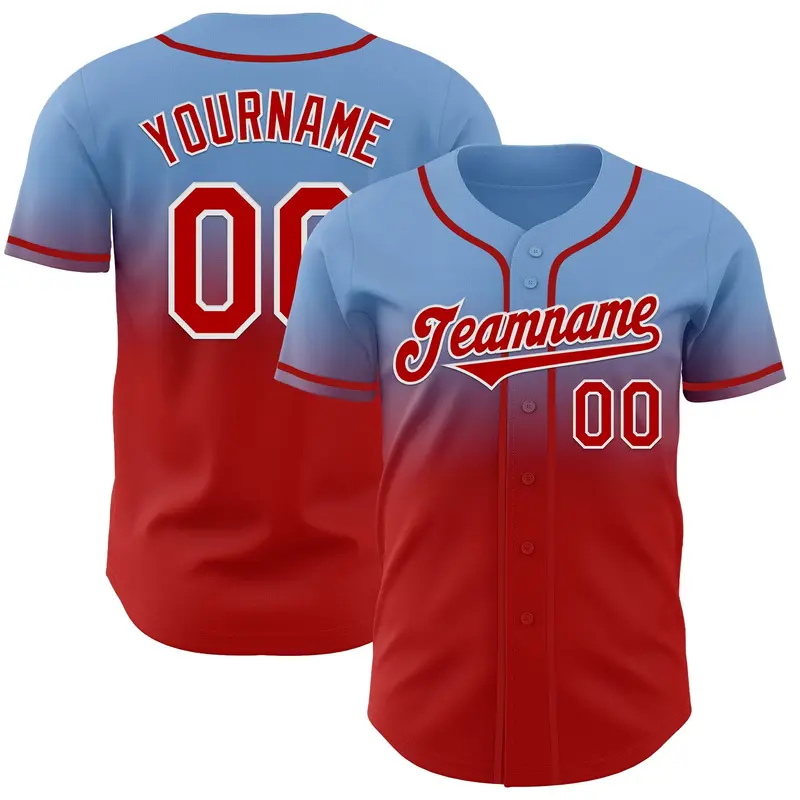 Custom Light Blue Red-White Authentic Fade Fashion Baseball Jersey