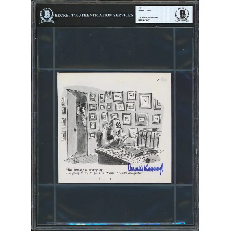 Donald J. Trump Authentic Signed 6x5.75 Political Cartoon Autographed BAS Slab