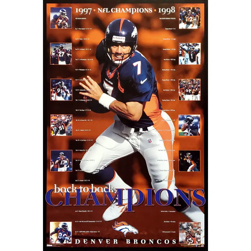 Denver Broncos Back-to-Back Super Bowl Champions Commemorative Poster - Costacos 1999