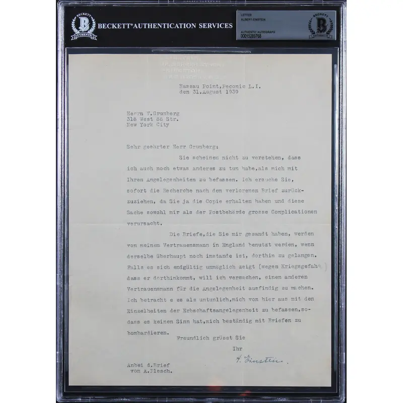 Albert Einstein Authentic Signed 8x10 1939 Typed Letter BAS Slabbed