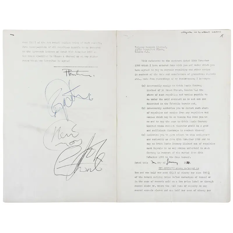 The Who (4) Townshend, Moon, Daltrey & Entwistle Signed Contract Addendum JSA