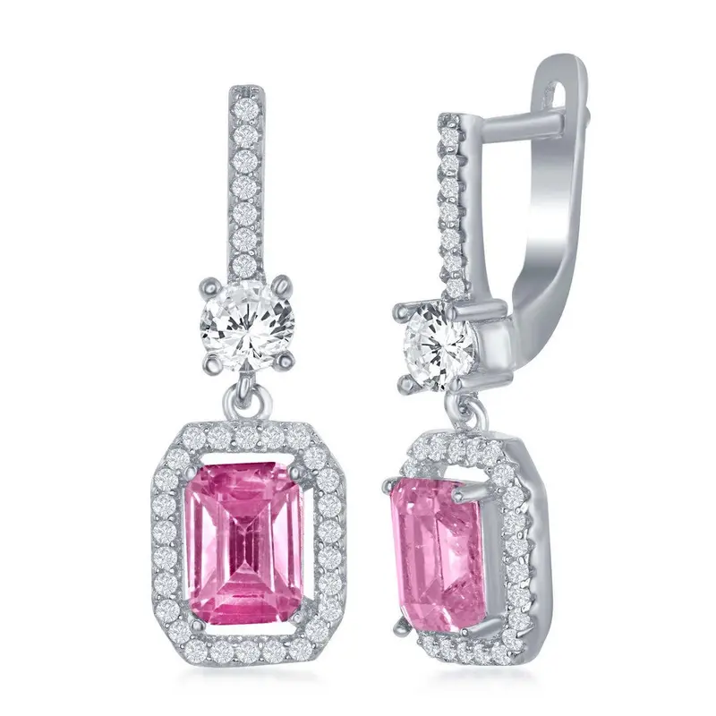 Sterling Silver Center Emerald-Cut CZ Earrings - Pink CZ