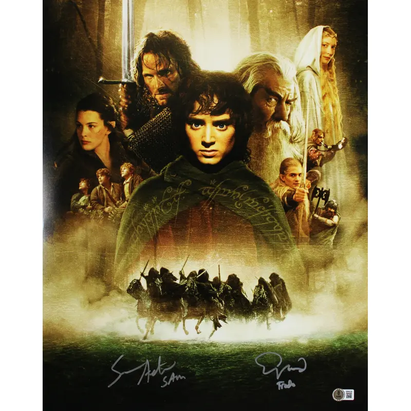 Elijah Wood & Sean Astin LOTR Signed 16x20 Vertical Collage Photo BAS Witnessed