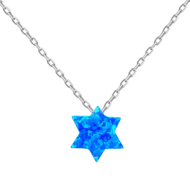 Sterling Silver Small Blue Opal Star of David Necklace
