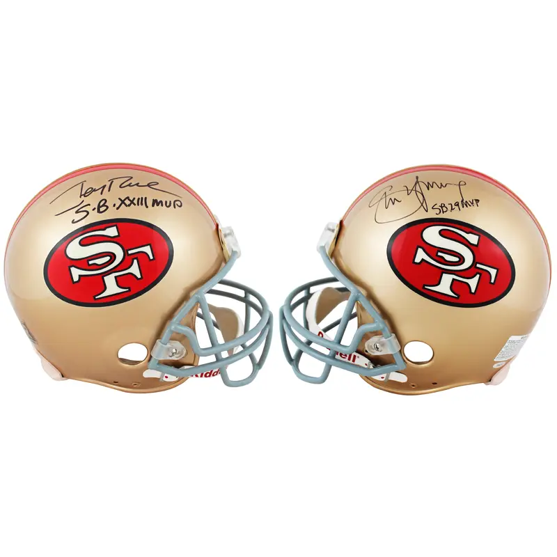 49ers Jerry Rice & Steve Young "SB MVP" Signed Full Size Proline Helmet Tri Star