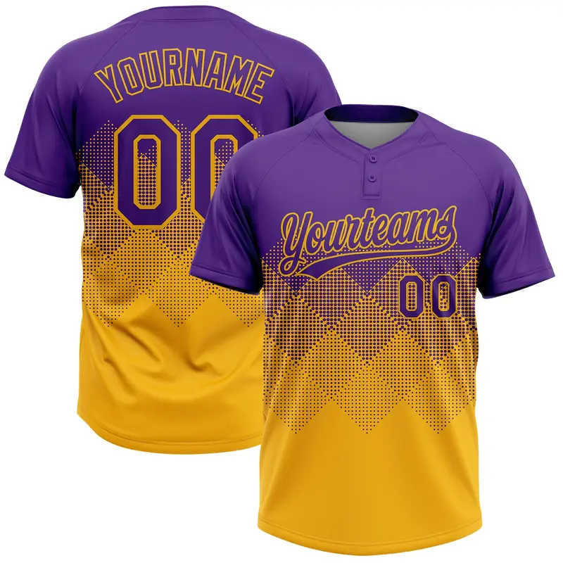 Custom Purple Gold 3D Gradient Square Shape Two-Button Unisex Softball Jersey