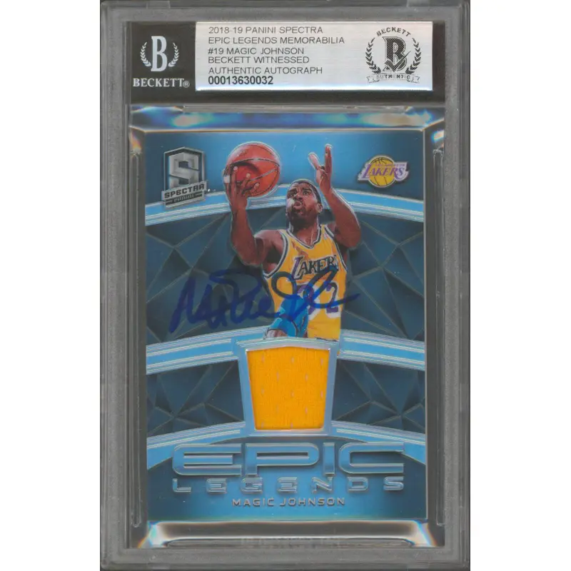 Lakers Magic Johnson Signed 2018 Panini Spectra EL Mem 19 Card Auto 10! BAS Slab