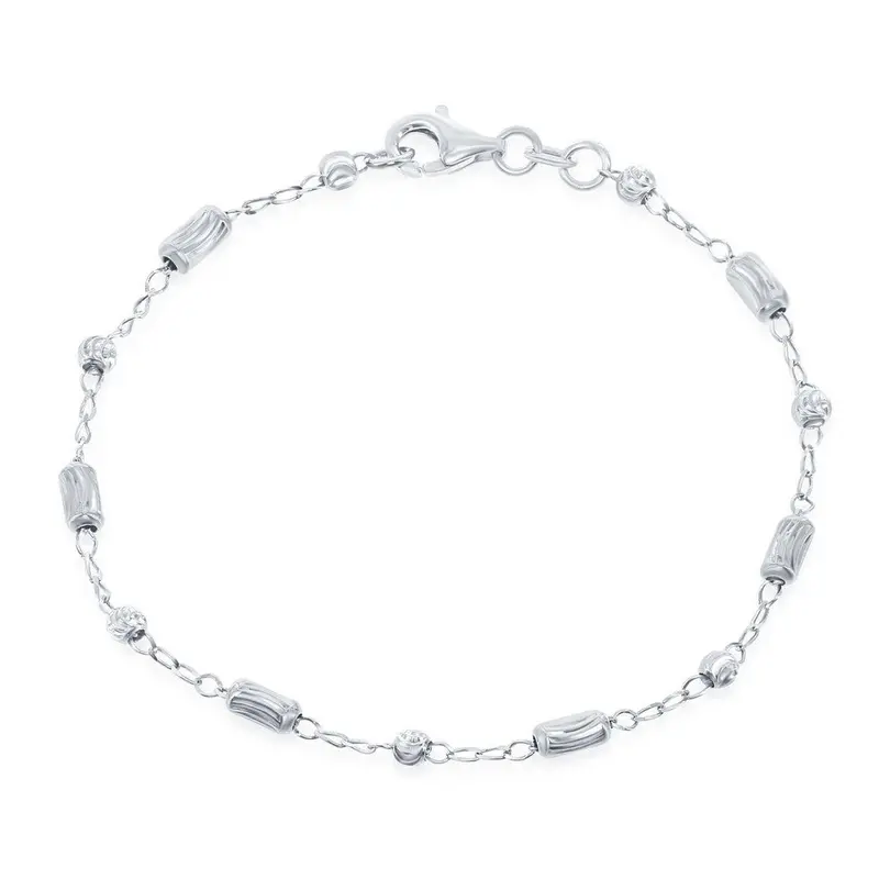 Sterling Silver Diamond Cut Small Bar and Bead Bracelet