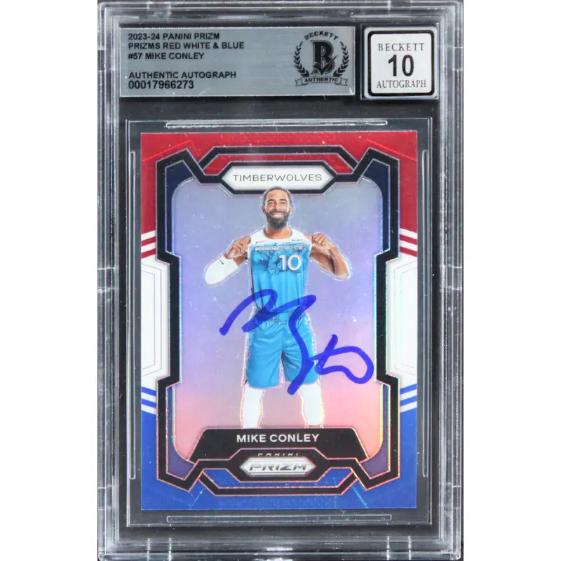 Timberwolves Mike Conley Signed 2023 Panini Prizm RWB #57 Card Auto 10! BAS Slab