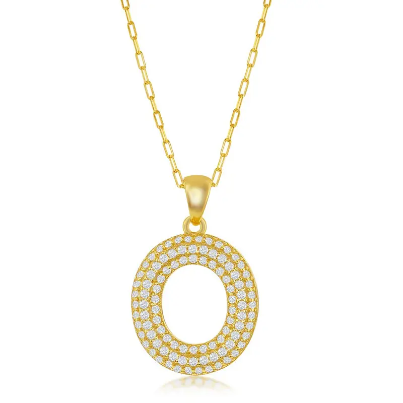 Sterling Silver Micro Pave CZ  'O'  Block Initial w/ Paperclip Chain - Gold Plated