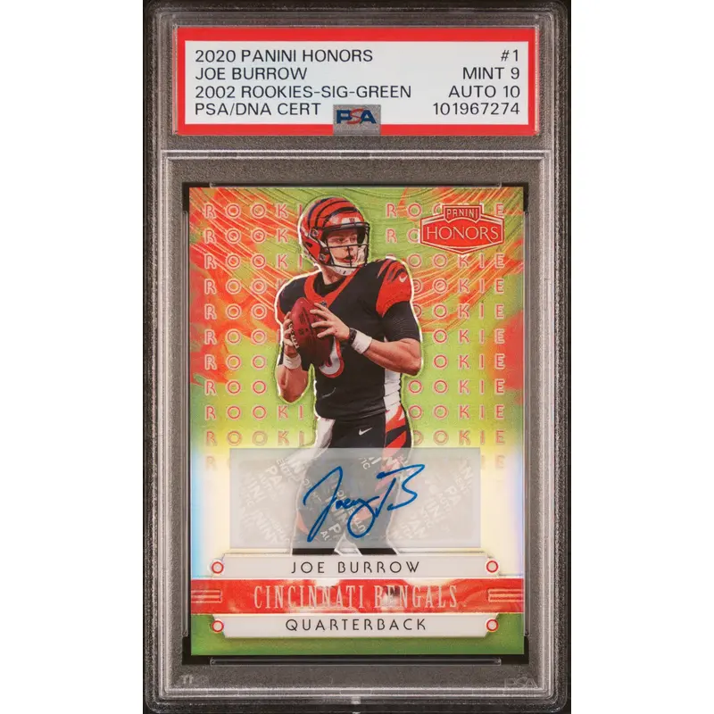Joe Burrow 2020 Panini Honors 2002 Rookies Green Auto #32/35 PSA 9 Auto 10