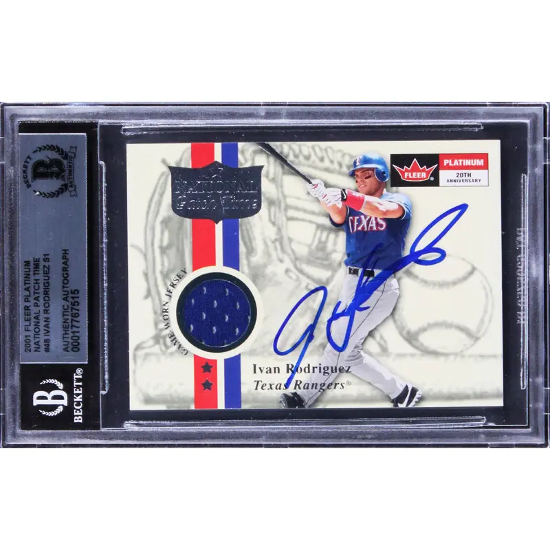 Rangers Ivan Rodriguez  Signed 2001 Fleer Platinum National PT $48 Card BAS Slab