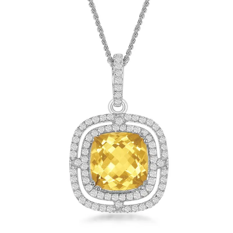 Sterling Silver Square Citrine with Double White Topaz Border 3.55cttw Necklace