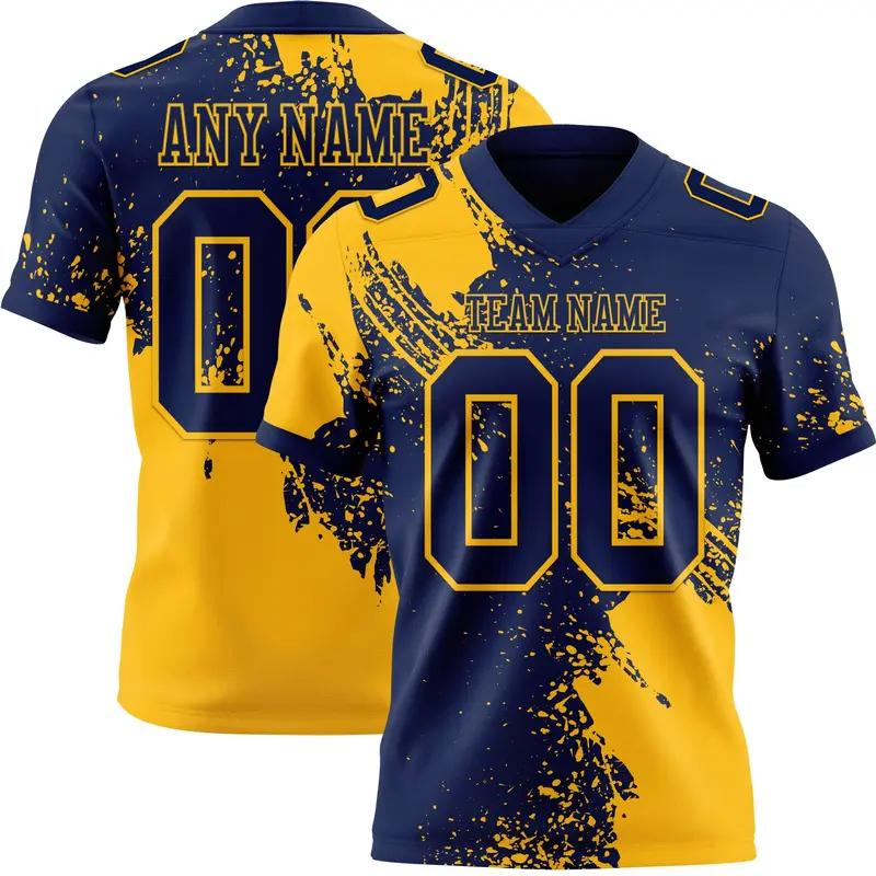 Custom Navy Gold 3D Pattern Abstract Brush Stroke Mesh Authentic Football Jersey