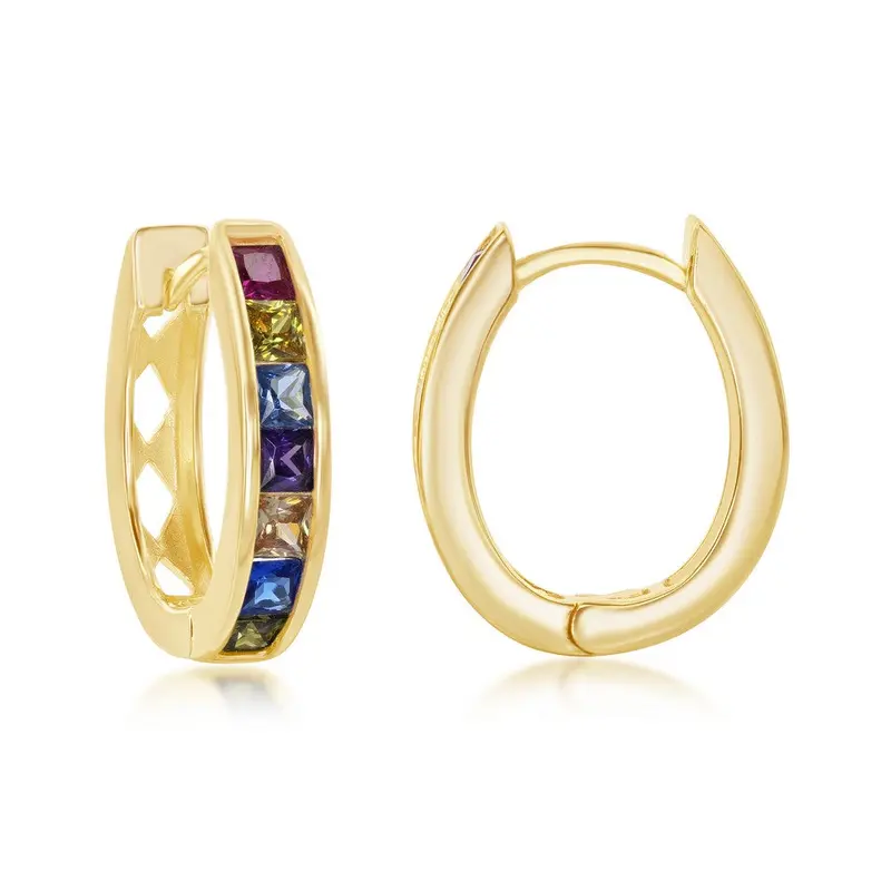 Sterling Silver Channel-Set Rainbow CZ Oval Hoops - Gold Plated