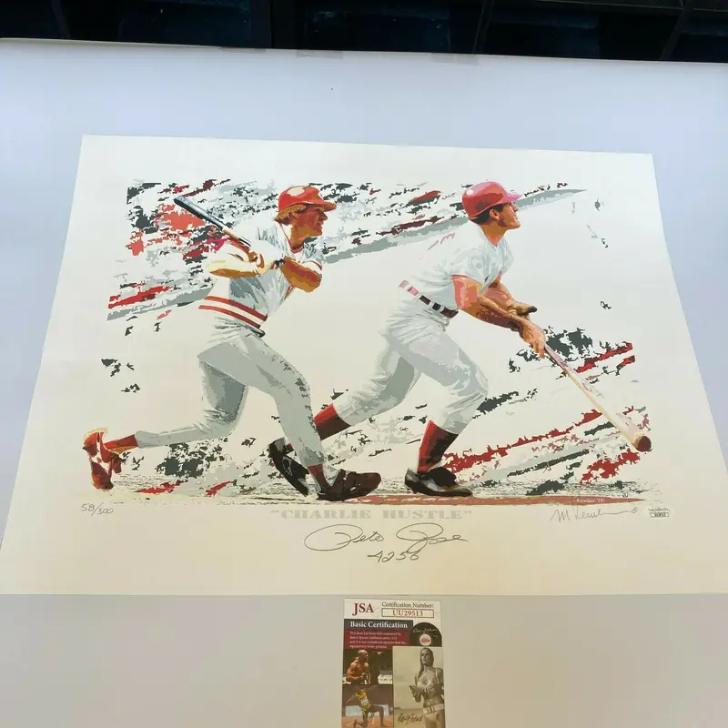 Pete Rose Signed 17x22 4256 Hits Lithograph Poster Photo With JSA COA