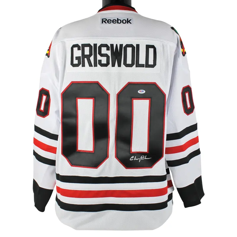 Chevy Chase Christmas Vacation Signed White Reebok Blackhawks Jersey PSA/DNA Itp