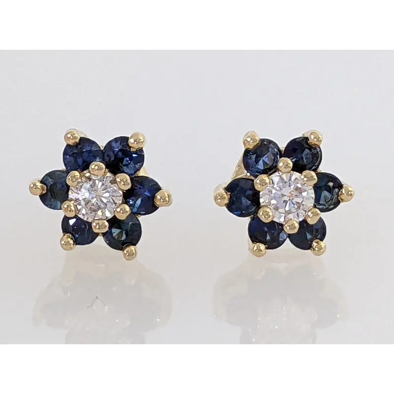 14K SAPPHIRE ROUND (12) WITH .20 DIAMOND TOTAL WEIGHT ESTATE EARRINGS 1.9 GRAMS