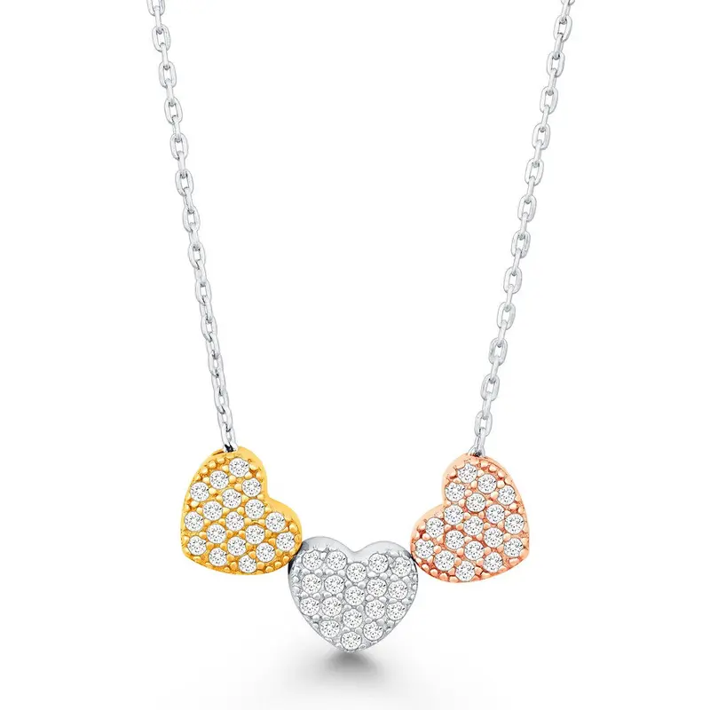 Sterling Silver Three Small Tri Color CZ Hearts Necklace