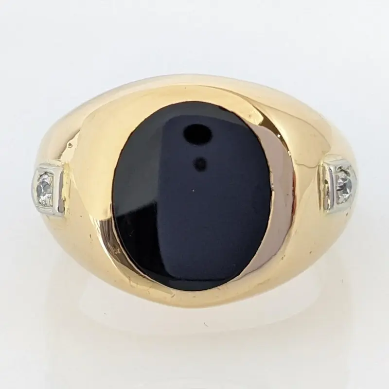 14K ONYX OVAL 9X11 BEZEL WITH (2) MELEE ESTATE RING 9.7 GRAMS
