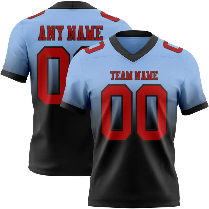Custom Light Blue Red-Black Mesh Authentic Fade Fashion Football Jersey