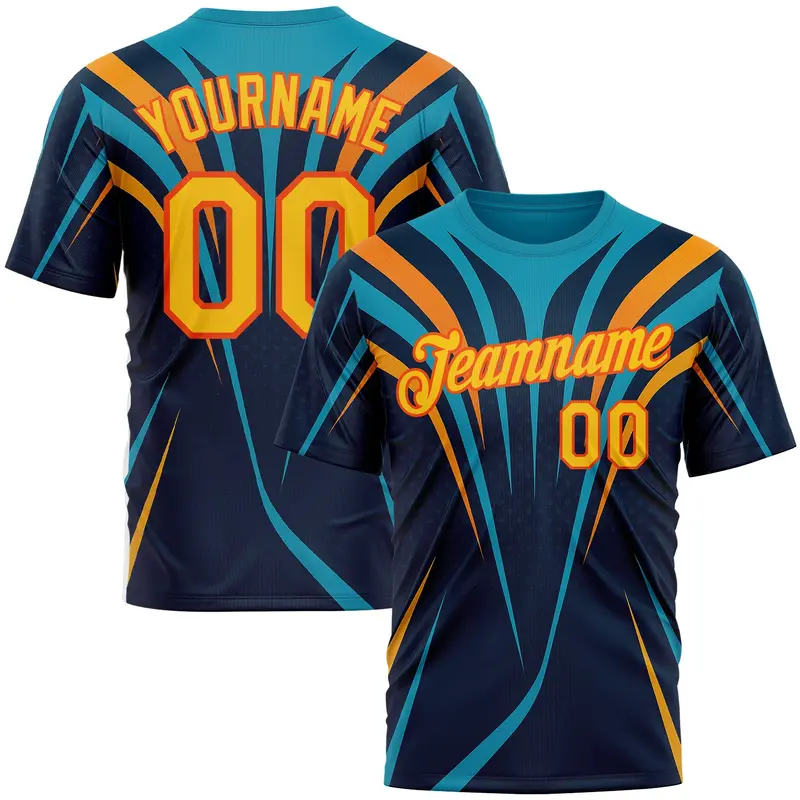 Custom Blue Yellow-Orange 3D Pattern Design Line Sport Wear Performance T-Shirt