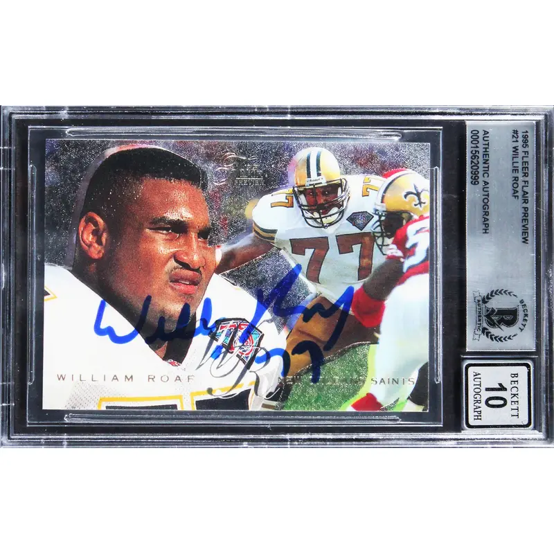 Saints Willie Roaf Signed 1996 Fleer Flair Preview #21 Card Auto 10! BAS Slabbed