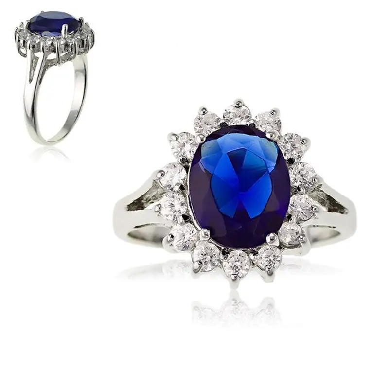 Sterling Silver Oval Blue Sapphire and Clear CZ Engagement Ring