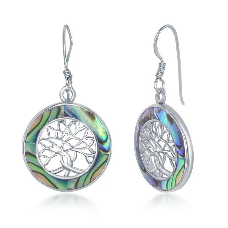 Sterling Silver Small Tree of Life Round Earrings - Abalone