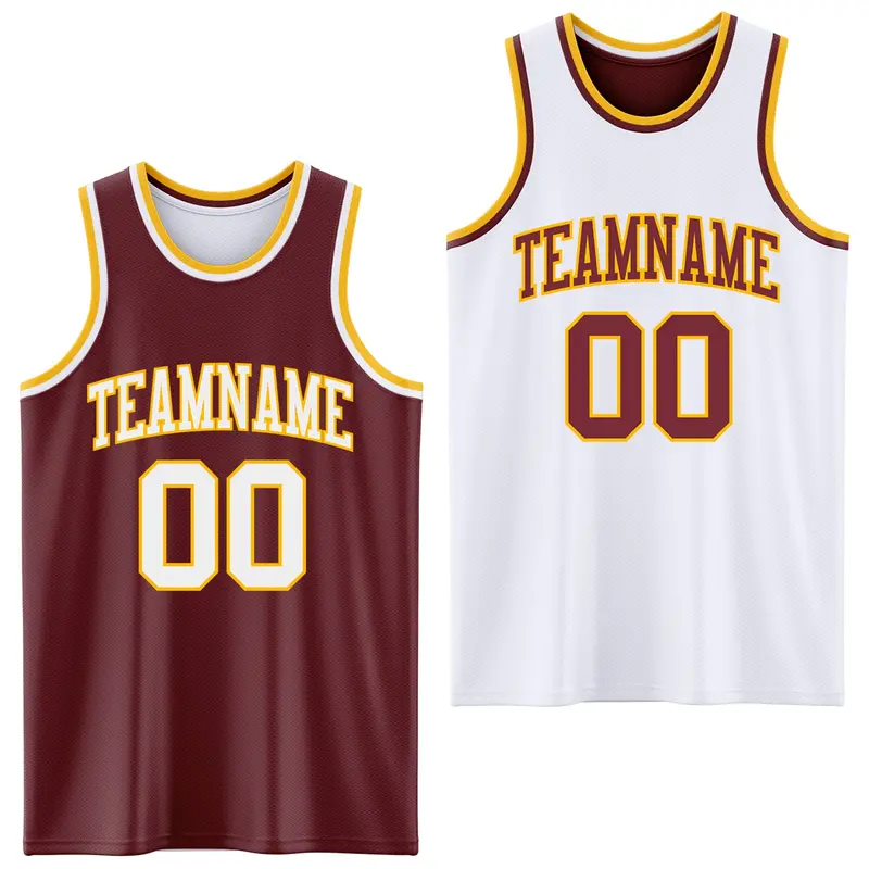 Custom Reversible Burgundy White-Gold Double Side Sublimation Basketball Suit Jersey