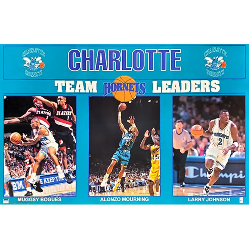 Charlotte Hornets "Team Leaders" Poster (Bogues, Mourning, Johnson)  - Starline 1993
