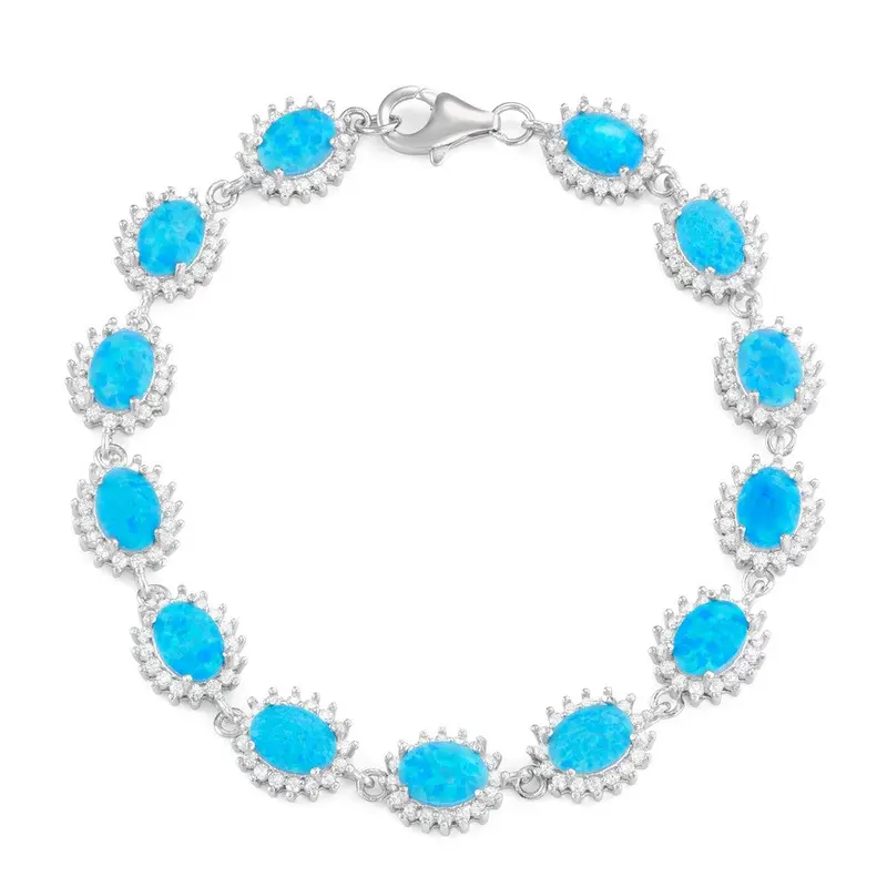 Sterling Silver Oval Blue Inlay Opal with CZ Border Bracelet
