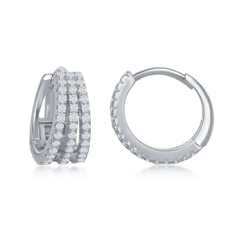 Sterling Silver Triple Row CZ Small Hoop Earrings