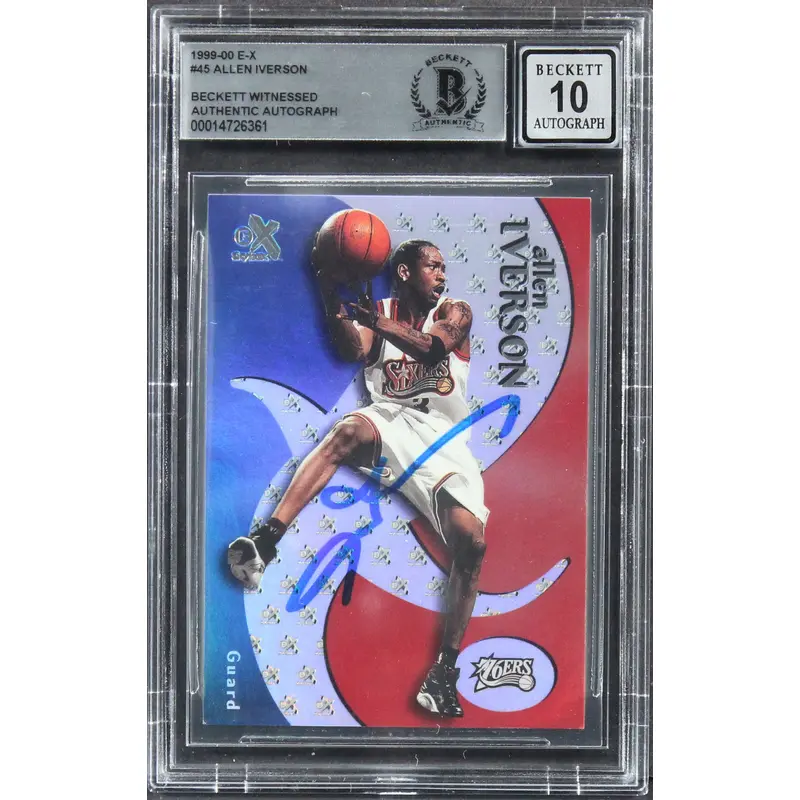 76ers Allen Iverson Signed 1999 E-X #45 Card Auto Graded Gem Mint 10! BAS Slab