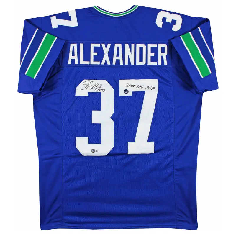 Seahawks Shaun Alexander "2005 NFL MVP" Signed Blue Pro Style Jersey BAS Wit