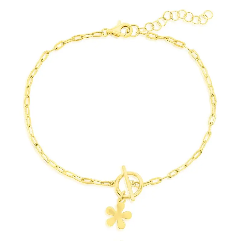 Sterling Silver Flower Charm Paperclip Toggle Bracelet - Gold Plated