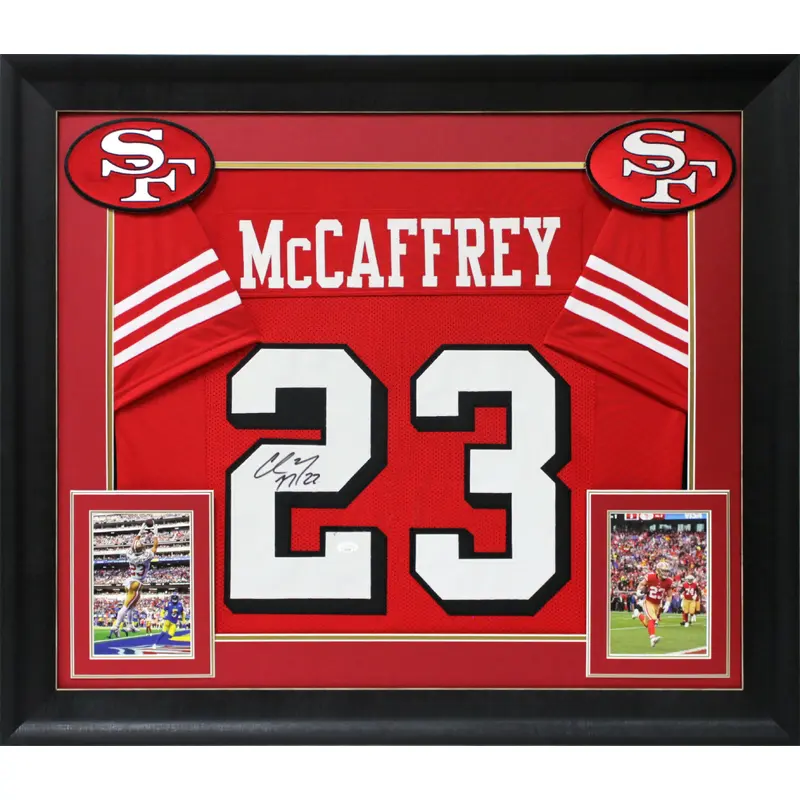 Christian McCaffrey Signed Red Pro Style Framed Jersey w/ Dropshadow JSA