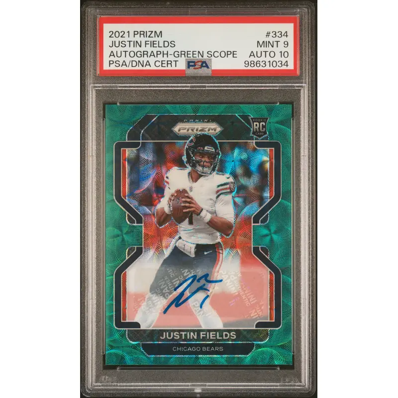 Justin Fields 2021 Panini Prizm Green Scope Auto RC #55/75 PSA 9 Auto 10