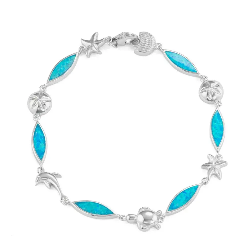 Sterling Silver, Marquise Shaped Blue Inlay Opal with Sea Life Bracelet