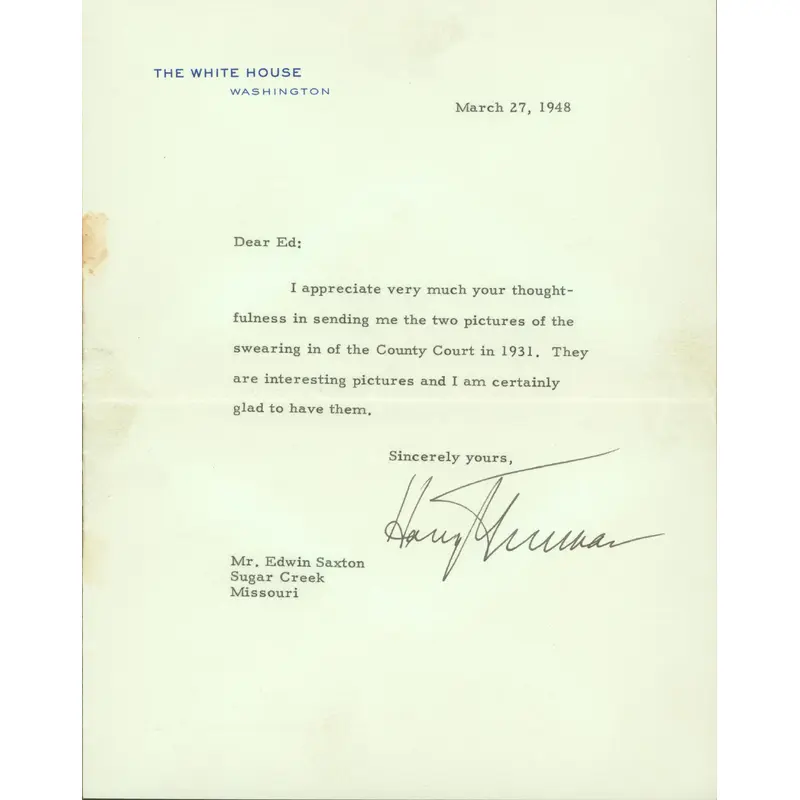 Harry Truman Signed 7x8.75 1948 Letter On White House Letterhead BAS #AB14370